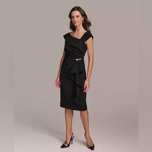 NWT Donna Karan Black Asymmetric Neckline Cap Sleeve Ruffle Trim Sheath Dress 4